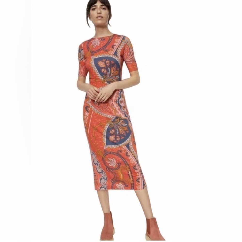 Anthropologie Farm Rio Giannina Knit Paisley Orange Slim Midi Dress